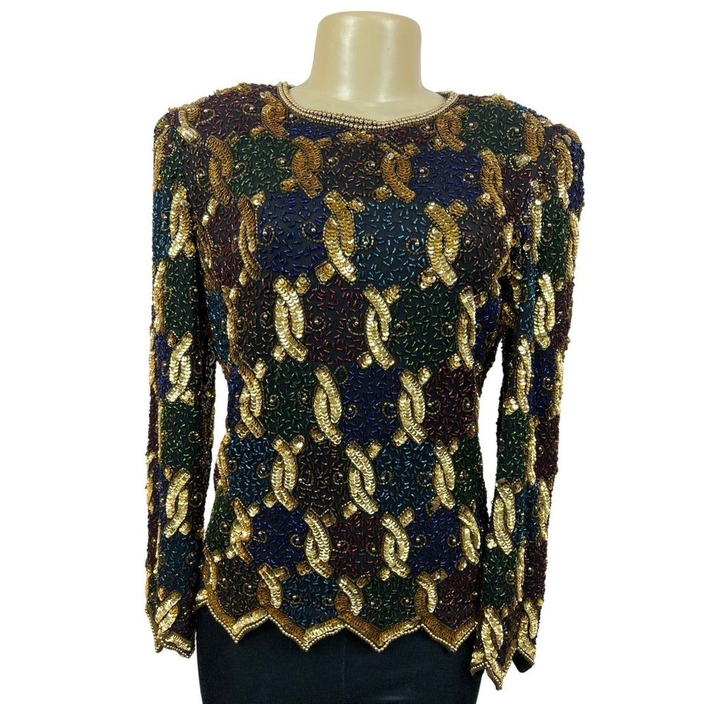 Vtg Laurence Kayan Women’s Black and Gold Beads Sequines Long Sleeve Shirt Sz S